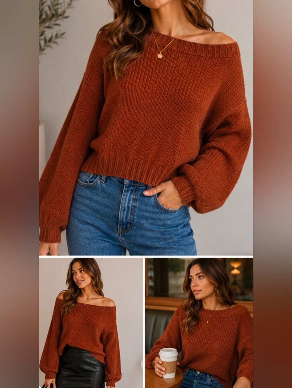 WeWoreWhat Rust Brown Boat Neck Balloon Sleeve Sweater Small